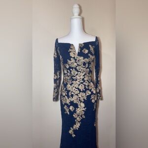 Elegant Navy and Gold Floral Gown
